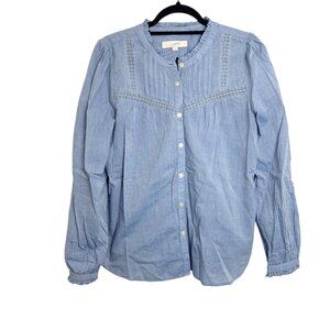 Loft Womens Blue Button-Down Blouse Medium 100% Cotton Lace Detail